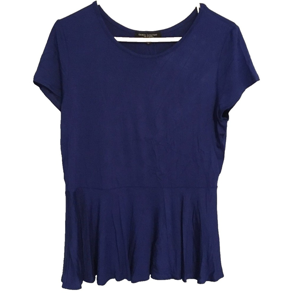 Green Envelope Shirt Womens Large Blue Peplum Short Sleeve Rayon Stretch USA NWT
